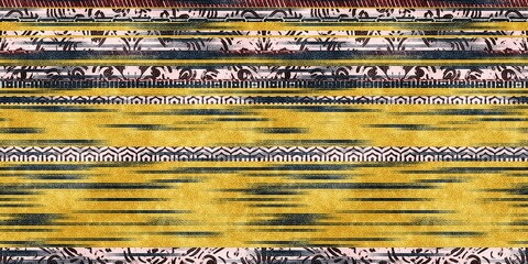 Seamless tribal ethnic stripe grungy border surface pattern design for print. High quality illustration. Faded rug or carpet like cover graphic tile. Thick lines filled with interesting geo textures.