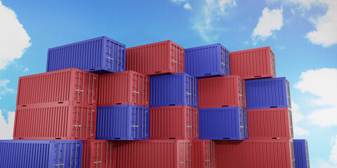 Stack of containers box in import export business logistic , 3d rendering