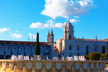 Jeronimos Monastery and Fountain in Lisbon Portugal . Famous architecture in Lisboa . Hieronymites Monastery in the parish of Belem