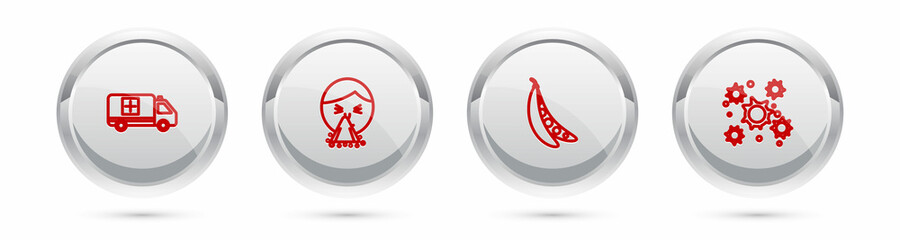 Set line Emergency car, Handkerchief to his runny nose, Kidney beans and Bacteria. Silver circle button. Vector