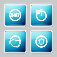 Set line Clock 24 hours, Stopwatch, Man with headset and Button chat notification icon. Vector