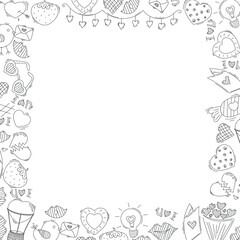 Doodle frame love valentines day. Hand drawn border template heart, couple, garland, balloon, bouquet design element. Stock vector illustration isolated on white background.