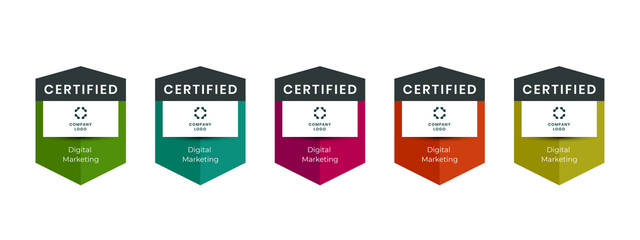 Professional certificates awarded logo badge vector. Digital certification badges awarded to technical professionals who have successfully passed a certification exam or achieved - obrazy, fototapety, plakaty