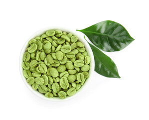 Bowl with green coffee beans and fresh leaf on white background, top view
