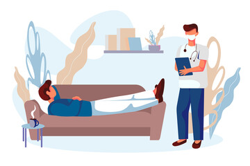 Calling the family doctor at home. Banner advertisement calling for professional medical assistance. Medical Worker Visits Patients Pandemic Vector Cartoon Therapist Stethoscope