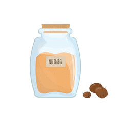 Ground nutmeg stored in clear jar isolated on white background. Piquant condiment, food spice, cooking ingredient in transparent kitchen container. Colored vector illustration. - obrazy, fototapety, plakaty