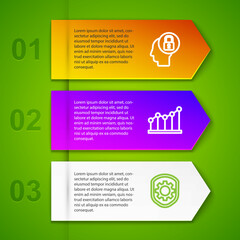 Set line Human head with lock, Pie chart infographic, Shield settings gear and Network cloud connection. Business infographic template. Vector