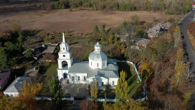 Aerial view to Blagoveschenskaya Orthodox Church in Trostyanets