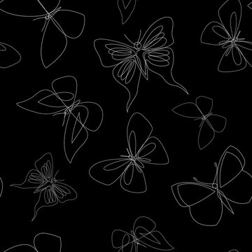 Abstract trendy seamless pattern with silhouettes of butterfly in one line style. Mono line minimalistic style. Black simple design backgound.