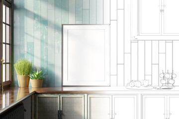 A sketch becomes a real kitchen with a blank vertical poster on a countertop near a green shabby wooden wall, plants in rope pots near a window, kitchen facades with a touch of old paint. 3d render