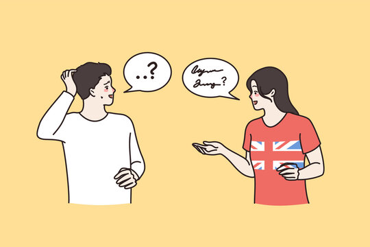 People talk different languages do not understand each other. Foreigners speak feel confused have misunderstanding. Linguistic barrier in communication. Flat vector illustration. 