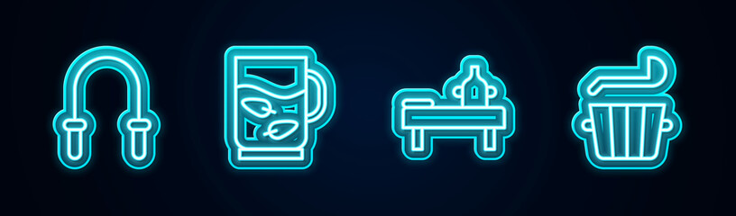 Set line Jump rope, Cup of tea and leaf, Massage table with oil and Sauna bucket ladle. Glowing neon icon. Vector