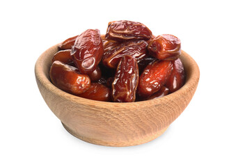 Tasty sweet dried dates in wooden bowl on white background