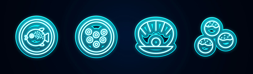 Set line Puffer fish on a plate, Caviar, Shell with pearl and Takoyaki. Glowing neon icon. Vector
