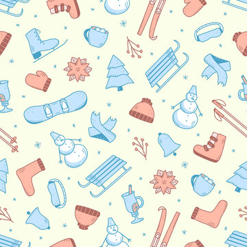 Seamless doodle pattern elements of Christmas and New Year elements. Background of winter elements of active recreation and winter items.