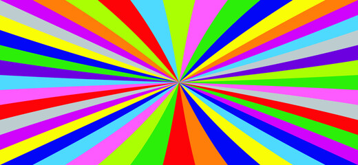Drawing color rays or strips. Starburst or star burst background. Cartoon retro pop art style. Vector sunburst banner. Red, green, yellow, blue line pattern. Rainbow.
