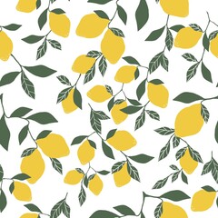 seamless pattern with yellow lemons. white background. Vector texture. printing for textiles or wallpaper.
