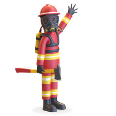Firefighter wearing gas mask in red uniform and yellow helmet holding axe 3D illustration