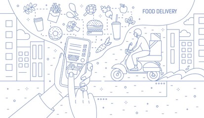 Monochrome banner with hands holding smartphone with food delivery service application or website, meals and courier boy riding scooter drawn with contour lines. Vector illustration in line art style
