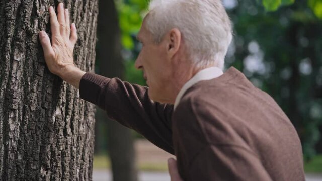 Sad mature male suffering heart attack, leaning on tree, pensioner needs help