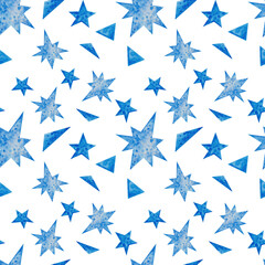 Watercolor lovely christmas pattern with blue stars and confetti.Christmas festive seamless hand drawn texture on white background.