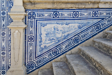 Azulejos panels in the gardens of a palace in Estoi, Algarve, Portugal
