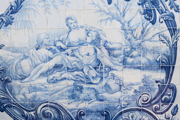 Azulejos panels in the gardens of a palace in Estoi, Algarve, Portugal