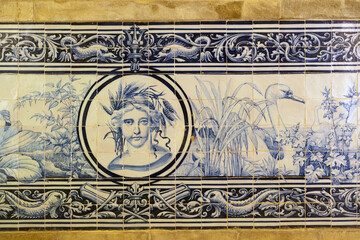 Azulejos panels in the gardens of a palace in Estoi, Algarve, Portugal