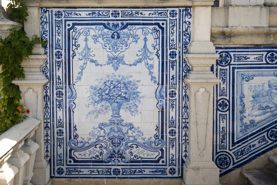 Azulejos panels in the gardens of a palace in Estoi, Algarve, Portugal
