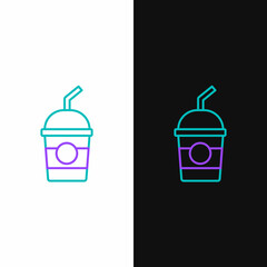 Line Milkshake icon isolated on white and black background. Plastic cup with lid and straw. Colorful outline concept. Vector