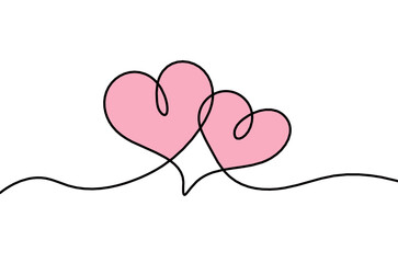Abstract color hearts as continuous line drawing on white as background. Vector