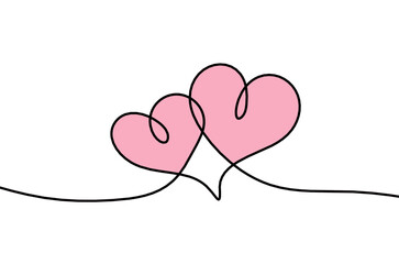 Abstract color hearts as continuous line drawing on white as background. Vector