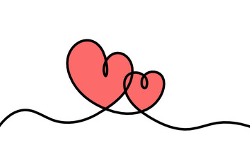Abstract color hearts as continuous line drawing on white as background. Vector