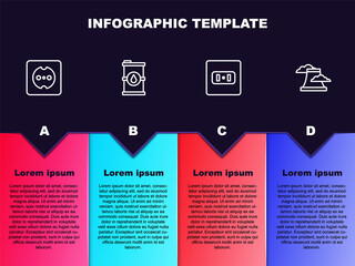 Set line Electrical outlet, Bio fuel barrel, and Nuclear power plant. Business infographic template. Vector