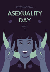 A young Asian woman is smiling and showing a victory sign. International Asexuality Day. Happy asexual people. Vertical poster. Vector flat illustration