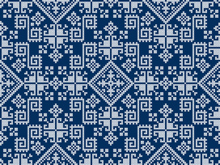 Fototapeta premium Zmijanjski vez embroidery style vector seamless pattern - textile or fabric print ispired by cross-stitch folk art designs from Bosnia and Herzegovina 