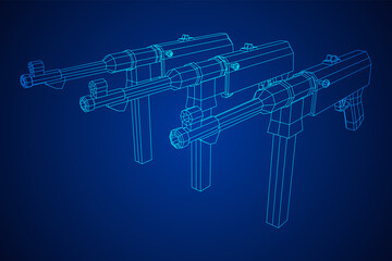 Submachine gun german MP 40 world war 2 firearms pistol. Wireframe low poly mesh vector illustration.