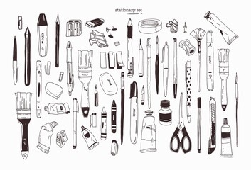 Collection of hand drawn stationery, writing utensils. Set of office and art supplies isolated on white background - brush, pen, pencil, marker, eraser, paint, sharpener. Contour vector illustration.