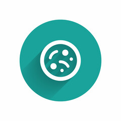 White Bacteria icon isolated with long shadow. Bacteria and germs, microorganism disease causing, cell cancer, microbe, virus, fungi. Green circle button. Vector