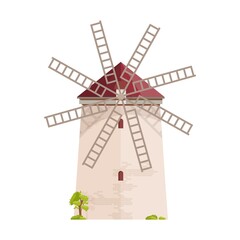 Old European windmill isolated on white background. Smock, tower or post mill. Farm building or construction with rotating sails or blades. Colored vector illustration in flat cartoon style.