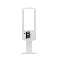 Self-service terminal for quick purchases. Electronic kiosk for shopping tickets or fast food with POS Payment Terminal. - obrazy, fototapety, plakaty