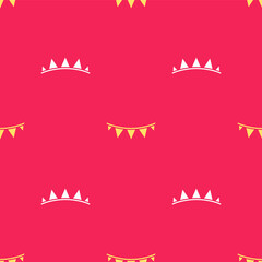 Yellow Carnival garland with flags icon isolated seamless pattern on red background. Party pennants for birthday celebration, festival decoration. Vector