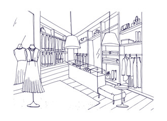 Outline drawing of fashionable clothing shop interior with furnishings, showcases, mannequins dressed in stylish apparel. Boutique or fashion store hand drawn with contour lines. Vector illustration.