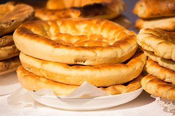 Uzbek cake traditional national food in Uzbekistan. Eastern cuisine. Asia flapjack.
