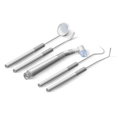 Basic Dentist Instruments and Tools Laid out Against White Backdrop. An Isometric Set of Metal Medical Equipment for Teeth Dental Care. Dental Hygiene and Healthcare Concept