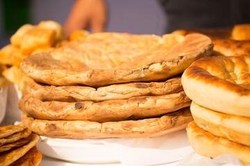 Uzbek cake traditional national food in Uzbekistan. Eastern cuisine. Asia flapjack.