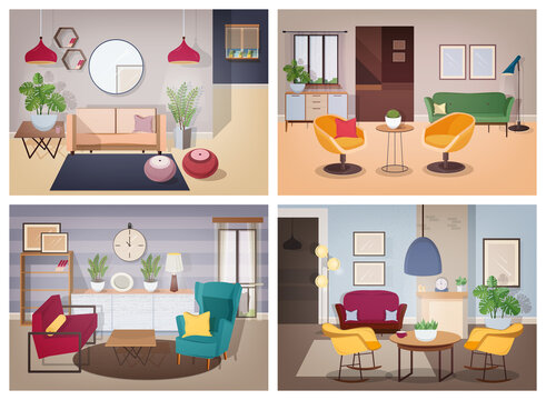 Soviet style living-room collection. Furnished apartment with domestic plants. Colorful vector illustration set.