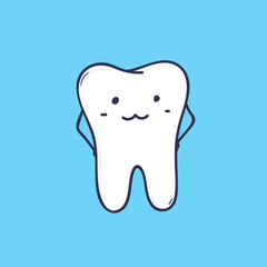 Cute smiling molar tooth. Adorable mascot or funny symbol for dental clinic or orthodontic center. Amusing cartoon character isolated on blue background. Colorful vector illustration in flat style.