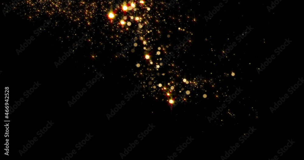 Fototapete gold particles fluid with light glitter and golden sparkles glow on background. magic shine of stars