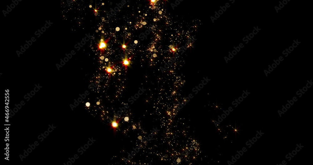 Poster gold flow of smoke particles, background with golden dust spray effect. magic light of sparkles flui
